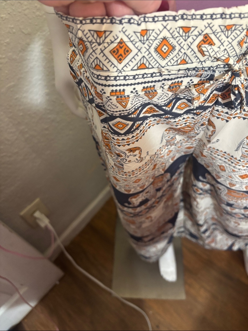 Women's Cream & Navy Elephant Print Wide-Leg Pants # 280 - Picture 5 of 7